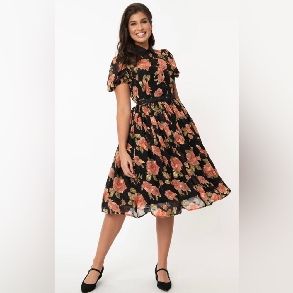 Unique Vintage Black Floral Fit-and-Flare Dress with Peach Roses - Picture 3 of 13